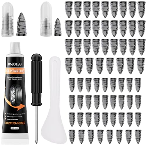 70 PCS Tire Repair Rubber Nails, 10mL Repair Glue, Vacuum Tires, Flat tire Repair Fast Plug Tool Kits, Self-Service Car Puncture Repair Screws with Screwdriver, Set for Car, Motorcycle, Jeep, Bike.