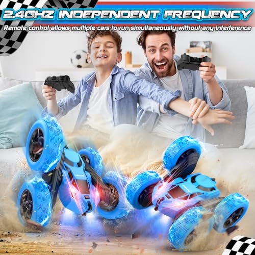 cosone Blue RC Stunt Car for Boys Kids | 2.4GHz Remote Control, 360° Spins & Double Sided Driving, LED Headlights, USB-C Rechargeable, Ages 4-8 8-12 - color: Blue Pro