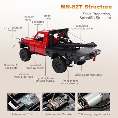 MN-82T RC Rock Crawler, 1:12 Scale 4WD Upgraded RC Truck with Crane Hook, 2.4Ghz Off Road Toy Pickup Truck with Lights, All Terrain Wrecker Vehicle for Teen Adults (Red) - color: Red
