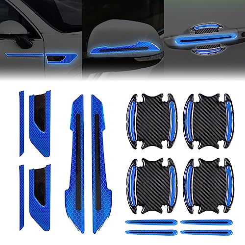 12Pcs Blue Reflective Car Sticker Set Rearview Mirror Reflective Stickers Side Stickers Door Handle Sticker 3D Carbon Fiber Anti Scratches Protective Films - color: blue