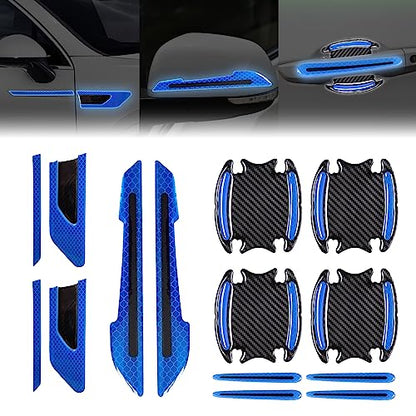 12Pcs Blue Reflective Car Sticker Set Rearview Mirror Reflective Stickers Side Stickers Door Handle Sticker 3D Carbon Fiber Anti Scratches Protective Films - color: blue