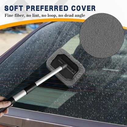 Windshield Cleaning Tool, Car Window Cleaner, Vehicle Window Cleaner with Extendable Handle & 2 Washable Microfiber Pads, Car Interior Glass Wiper Cleaning Kit for Most Vehicles (Grey) - color: Grey