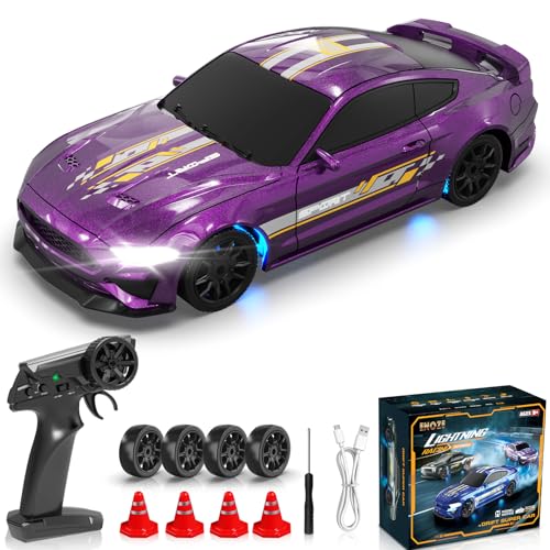 RC Drift Car 1/43 Scale Mini RC Drift Cars with Gyro, 4WD Full Proporitonal High Speed Remote Control Car with LED Lights and Drifting Tire Hobby Racing Cars for Kids Boys Girls, Purple - color: Purple