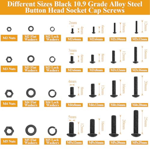 2180 Pieces Black M2 M3 M4 M5 Button Head Socket Cap Screws Nuts Washers Assortment Kit, Metric Screw Assortment with Hex Wrenches, 10.9 Grade Alloy Steel, Fully Threaded - size: M2/M3/M4/M5, style: Button Head Socket Cap