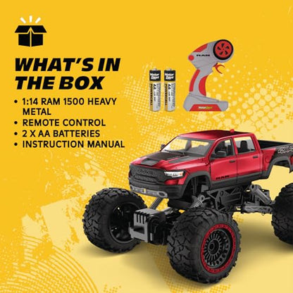 RC 4WD Heavy Metal RAM 1500 Pickup Truck – 1:14 Scale, Officially Licensed Stamped Metal Body, 4x4 All-Wheel Drive, 2.4GHz Full-Function Remote Control, Ready-to-Run, USB Charging, Red