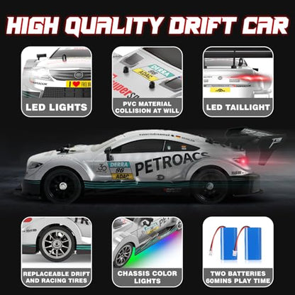 1/16 RC Drift Car, 2.4GHz 4WD Remote Control Drift Car, 30+KM/H High Speed Drift RC Cars with LED Lights 2 Batteries and Drift Tires Race Cars for Adults Boys Kids, Sliver - color: Silver