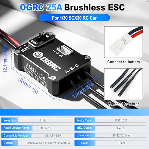 OGRC 25A Brushless ESC & 1212 Sensorless Outrunner Motor Combo for SCX30 | 5000KV Brushless Motor, Supports 2S LiPo Battery, Built-in BEC, for Axial 1/30 RC Crawler Car