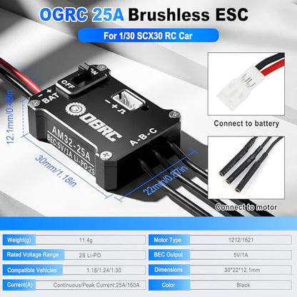 OGRC 25A Brushless ESC & 1212 Sensorless Outrunner Motor Combo for SCX30 | 5000KV Brushless Motor, Supports 2S LiPo Battery, Built-in BEC, for Axial 1/30 RC Crawler Car