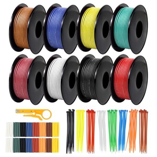 24 AWG Stranded Wire Spool, 32.8ft Each in 8 Colors - Silicone Electrical Tinned Copper Wire, 24 Gauge Flexible Hook Up Wire Kit for DIY, Automotive, Home, and Power Wiring - size: 32.8FT 8 Colors, style: 24AWG