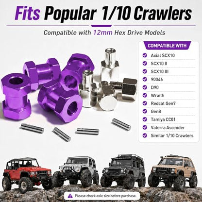 4PCS 12mm Hex Hub 15mm Aluminum Extension Hex for Axial SCX10 D90 90046 | 15mm CNC Wheel Hex Extenders for 1/10 RC Crawlers Redcat Gen7/Gen8 CC01 RC4WD Wider Stance & Tire Clearance with M4 Nuts Pins - color: Purple