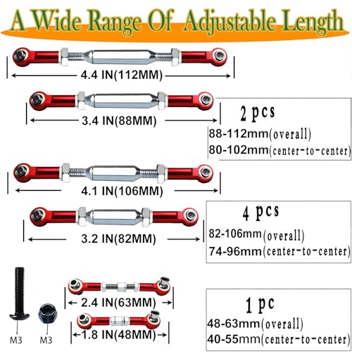 Stainless Steel Turnbuckles Fit for 1/10 Slash Rustler Stampede Hoss,Red | 74-112 mm Adjustable Camber Links with Rod Ends & Spacers Compatible with 1/10 Traxxas Slash 4X4,Rustler 2WD,Hoss 4X4,Bandit - color: Stainless Steel & Red