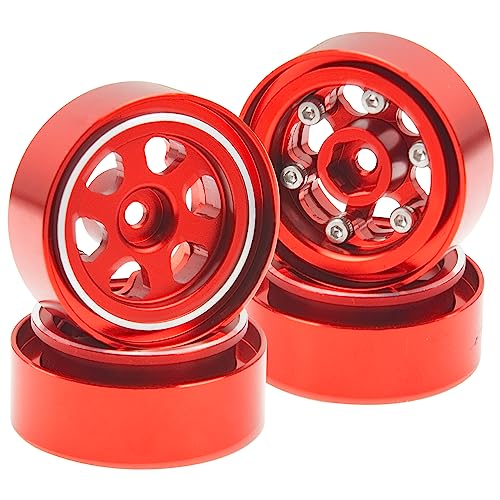 ShareGoo 4Pcs Metal 1.0 Beadlock Wheels Rims 7mm Hex Wheel Hubs 1.0" Wheels Compatible with 1/18 Traxxas TRX4M Axial SCX24 Gladiator Deadbolt Bronco 1/24 RC Crawler (Red) - color: Red