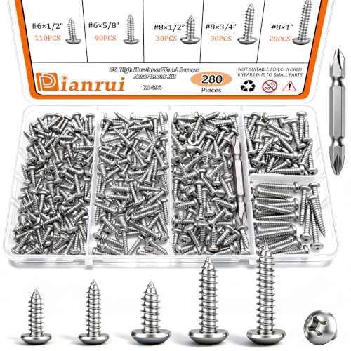 Dianrui 280 PCS 304 Stainless Steel Screws, #6#8 Wood Screws Assortment Kit, Assorted Sheet Metal Screws, ‌Phillips Drive Pan Head Assorted Sheet Metal Screws Marine Grade 1”,3/4”,5/8”,1/2” - size: 280PCS-SV
