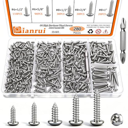 Dianrui 280 PCS 304 Stainless Steel Screws, #6#8 Wood Screws Assortment Kit, Assorted Sheet Metal Screws, ‌Phillips Drive Pan Head Assorted Sheet Metal Screws Marine Grade 1”,3/4”,5/8”,1/2” - size: 280PCS-SV