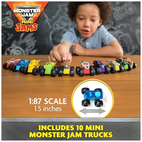 Monster Jam Mini Jams Earthshaker Boneyard Blaster Mega Frenzy Playset | 10 Mini Toy Trucks, Grave Digger, Blue Thunder & More, Hit Targets & Obstacle Courses, Pretend Play Gifts for Kids Ages 3+ - style: Mini Jams 10-Pack Playset