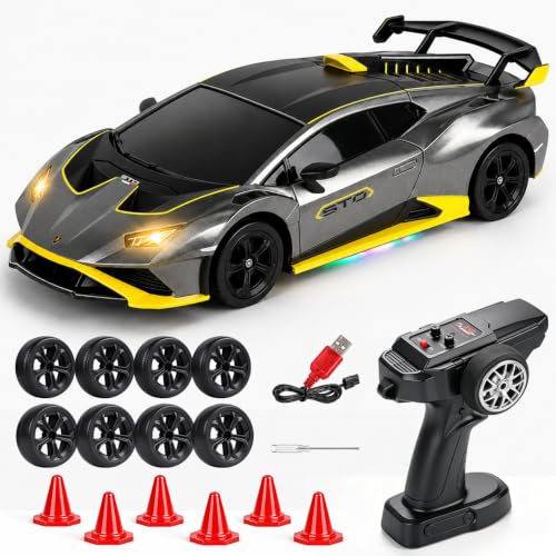 YESHIN 1：24 Lamborghini Haracan Drifting Car Red, Lamborghini Toy Car, RC Cars for Boys Age 8-12, 2.4GHz Remote Control Car with Light - color: B-gray