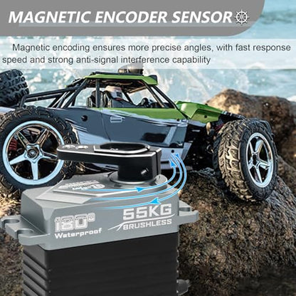 55KG Brushless Servo, Full Metal Servo Magnetic Encoder High Torque Servo with 25T Servo Horn for 1/12 1/10 RC Car RC Crawler Robot Boat