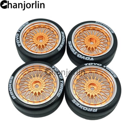 1/10 RC Drift Smooth Tires OD 2.56" & Aluminum Wheels 12mm Hex Hard Drift Racing Tyres for 1:10 1/12 Rally Street On Road Touring Car TT01 TT02 XV02 XV01 TA06 KYOSHO PTG2 4PCS (Gold) - color: Gold