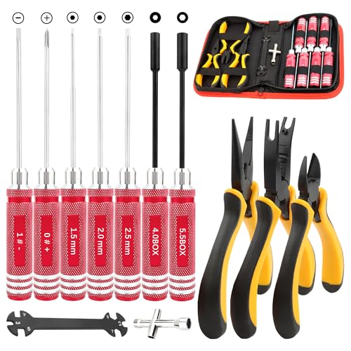 12 Pieces RC Car Repair Tool Kit with Hex Phillips Flat Screwdrivers, Pliers, Spanners, Wrenches–Hobby Tool Set Compatible with RC Car Drone Helicopter Airplane Boat Multirotor Models(Red) - color: Red