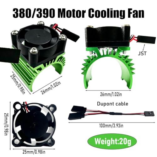 Aluminum 370/380/390 Motor Heatsink Cooling Fan with Y Cable Dupont Fits for 16101 16102 16103 16104 16106 16201 SCY JJRC C8805 MJX HBX HSP Wltoys Himoto Redcat 1/16 1/18 RC Car, (Green) - style: Green