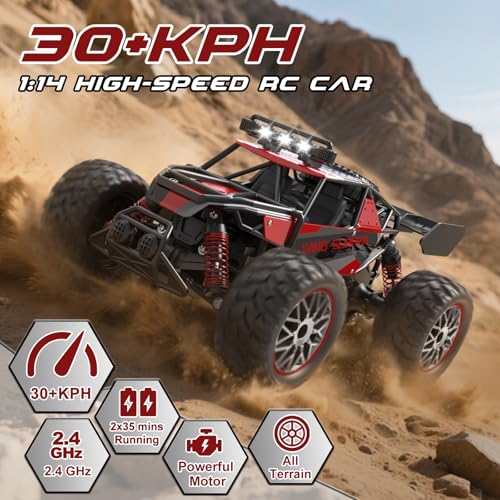 High Speed 30+KM/H Remote Control Car, 1:14 RC Cars for Boys Age 8-12, 2.4 GHz All Terrain RC Truck, Ideal Gifts Off-Road RC Car for Adults Kids with 2 Rechargeable Batteries