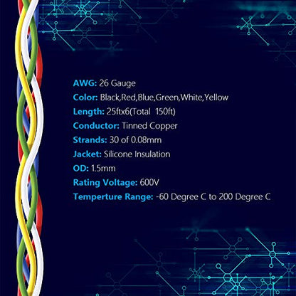 Fermerry 26 AWG Stranded Wire Spool 25ft Each 6 Colors | Flexible 26 Gauge Silicone Hook up Wire Kit Electrical Tinned Copper Wire - size: 25FT, style: 26 AWG-6C