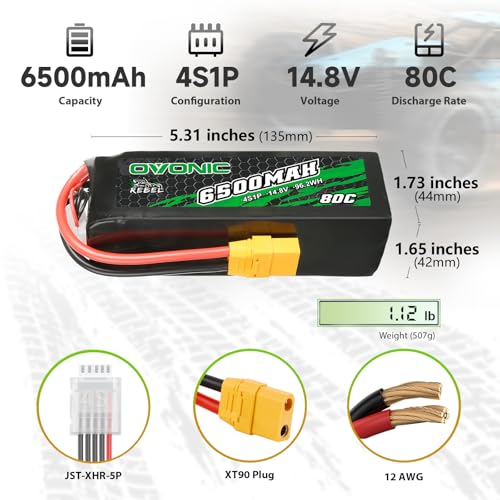 OVONIC 80C 4S 6500mAh 14.8V Lipo Battery with XT90 Connector for arrma 1/5, 1/8 Scale RC Cars and Trucks Buggy Truggy