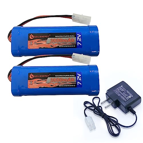 XUNTU 7.2V 3800mAh NIMH Battery (2 Pack) for RC Cars, 6-Cell NiMH Flat Rechargeable Battery Pack w/Standard Tamiya Connector + 7.2V Smart Charger(1 PCS) - size: 2 PACK 7.2V 3800mAh battery +1PACK charger