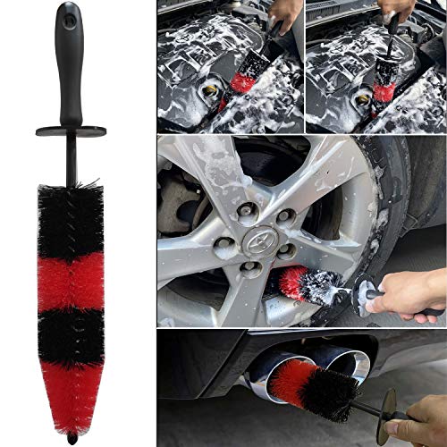 Car Wash Brush with Long Handle, Car Detailing Kit, Wheel Brush 7 Packs | Wheel Cleaner Brush, 17 In Long Wheel Brush, Soft Cleaning Tire Brush, 5 Car Detailing Brush Set (Red & Blue) - color: Red