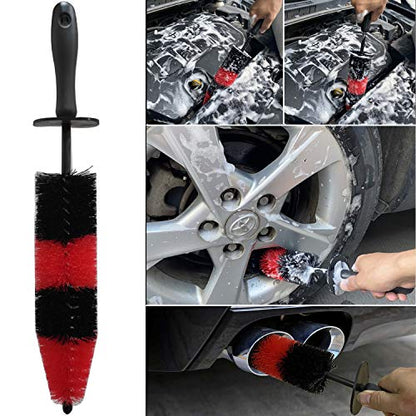 Car Wash Brush with Long Handle, Car Detailing Kit, Wheel Brush 7 Packs | Wheel Cleaner Brush, 17 In Long Wheel Brush, Soft Cleaning Tire Brush, 5 Car Detailing Brush Set (Red & Blue) - color: Red