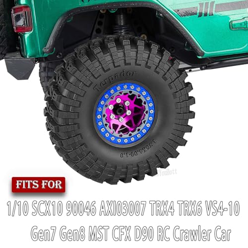 RC 1.9" Beadlock Wheel Tires Set 1.9 Beadlock Wheels and Tires for 1/10 SCX10 90046 AXI03007 TRX4 TRX6 VS4-10 Gen7 Gen8 MST CFX D90 RC Crawler Car,Aluminium 1.9 Rims w/Wheels Ring,Pink - color: Pink- (Wheel Tires)