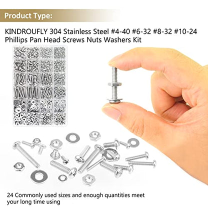 722 Pieces #4-40#6-32#8-32#10-24, Phillips Pan Head Machine Screws Nuts Assortment Kit, 304 Stainless Steel, Fully Machine Thread - size: #4-40 #6-32 #8-32 #10-24
