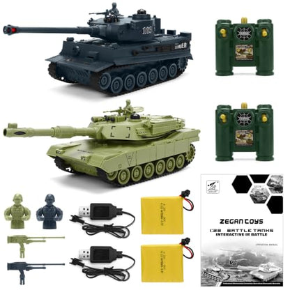 RC Battle Tank Set – Tiger vs M1A2 2.4G 9CH Infrared Shoot Toy for Kids | 2.4G, 1:28, 9 channels, with infrared shoot & life indicator, sound & light, 330° rotating turret, military toy set, for boy.