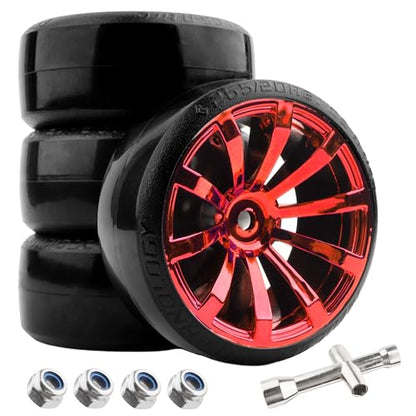 4 Pieces OD 2.45" Hard Plastic Drift RC Tire 12mm Hex On Road Touring Racing Bald Wheels Compatible with 1/10 Scale HSP Tamiya Kyosho Traxxas Sakura WLtoys RC Trucks (Red) - color: Red