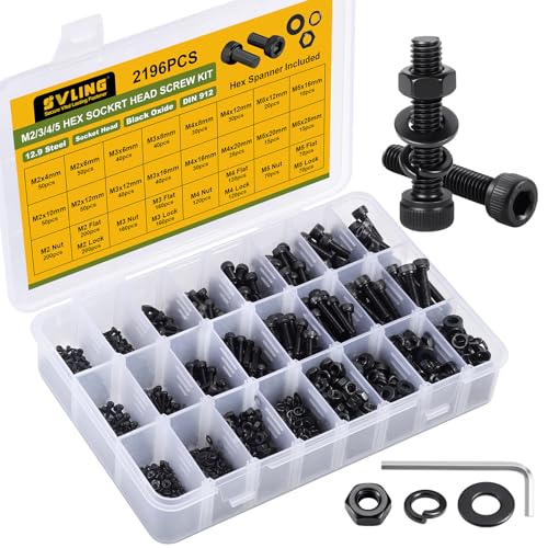 2196Pcs M2 M3 M4 M5 Screws Assortment Kit,Hex Socket Head Cap Screws Bolts Nuts Washer Set,12.9 Grade Alloy Steel,Black Oxide for 3D Printer,DIY Project - size: M2/3/4/5 2196PCS Socket Black