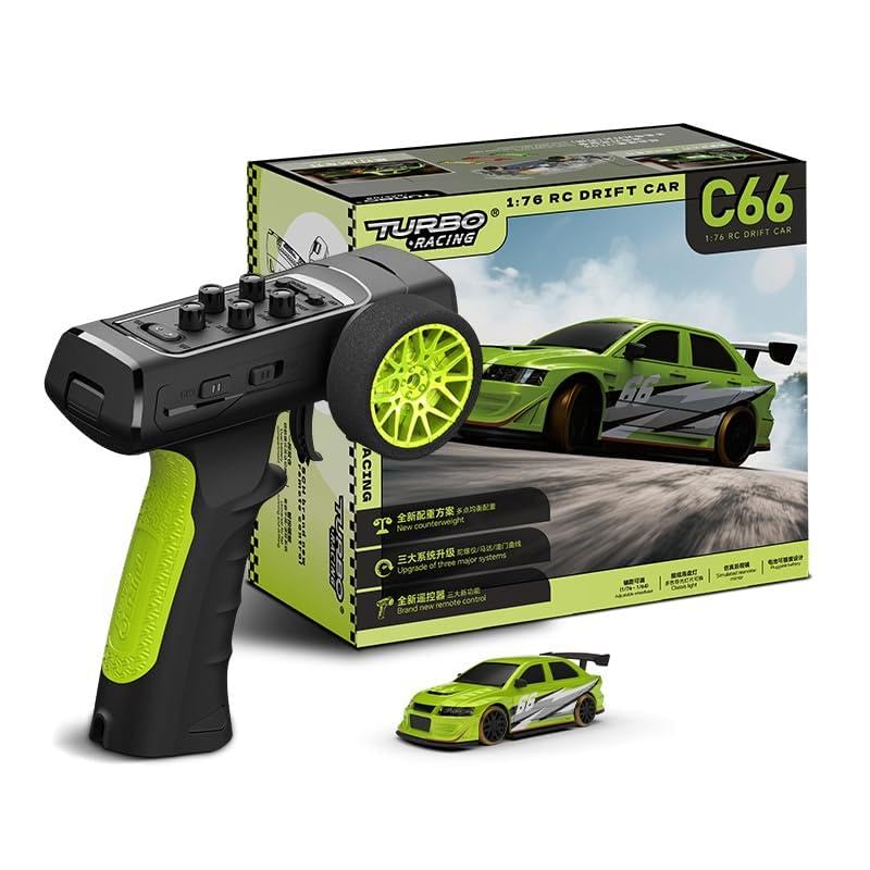 Turbo Racing 1:76 Scale Drift RC Car, Mini Table Racing Model Car with 2.4G Remote Control & Gyro Full Proportional RTR for Adults Hobby Toys Gifts (C66-Green) - style: C66-Green