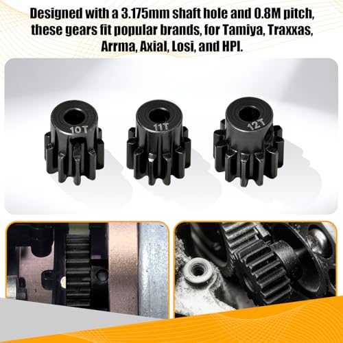 0.8M Pinion Gear Set Hardened Steel 3.175mm Shaft 10T 11T 12T Pinion Gears with Screws and Hex for Tamiya, Traxxas, Arrma, Axial, Losi, HPI 1/10 RC Car Brushless Brush Motor Upgrade - size: 10 11 12T