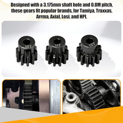 0.8M Pinion Gear Set Hardened Steel 3.175mm Shaft 10T 11T 12T Pinion Gears with Screws and Hex for Tamiya, Traxxas, Arrma, Axial, Losi, HPI 1/10 RC Car Brushless Brush Motor Upgrade - size: 10 11 12T
