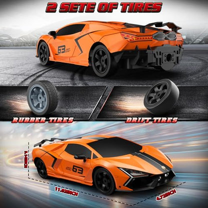 RC Drift Car, 1:16 Remote Control Car 2.4Ghz High Speed RC Cars 4WD Racing Sport Toy Cars with LED Lights, Spray, Drifting Tires, 2 Batteries for Kids Boys Girls Adults Birthday Christmas - color: Orange