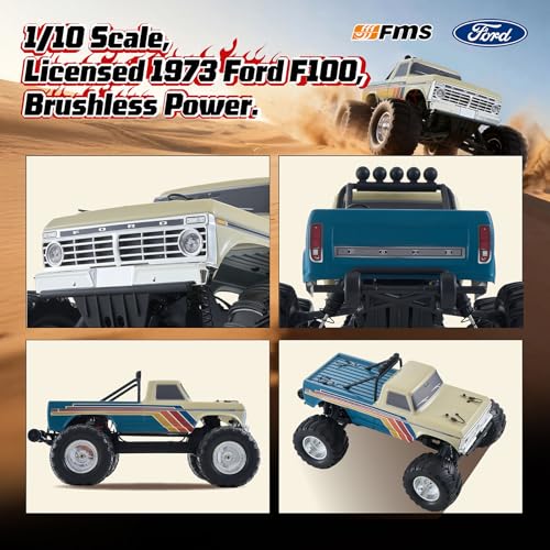 FMS 1/10 Ford F-100 Brushless RC Truck, 1973 Licensed RC Car for Adults, 55KM/H High Speed 2WD RC Crawler, Hobbywing 60A ESC & 3652 Motor, All-Metal Gears & Steel CVD Drive Shafts, RS (Blue/Green) - color: Navy Blue