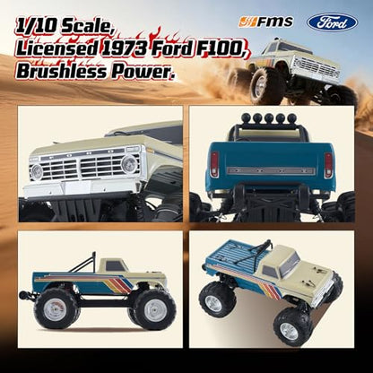 FMS 1/10 Ford F-100 Brushless RC Truck, 1973 Licensed RC Car for Adults, 55KM/H High Speed 2WD RC Crawler, Hobbywing 60A ESC & 3652 Motor, All-Metal Gears & Steel CVD Drive Shafts, RS (Blue/Green) - color: Navy Blue