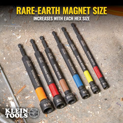 Klein Tools 32930 SAE Magnetic Impact Nut Setter Set, 6-Piece Color Coded Power Nut Driver with Extended Reach, 6 SAE Sizes - size: 6-Inch / 6-Piece Set