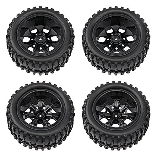 12mm Hub 4.64 inch OD Rubber Tires & Wheel Rim with Foam for 1/10 Scale Traxxas Slash HPI HSP Volcano ExceedRC Infinitive Off-Road Car Monster Truck (Style 2), Black - style: Style 2