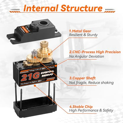 Micro Servo Motor 21G Metal Gear Steering for 1/16 1/14 RC Car 2Pcs | 4.3kg·cm Torque, 0.08sec/60°Speed. Mini Small Digital, 25T Horn, for Airplane Helicopter Plane Robot Boat Fixed-Wing.