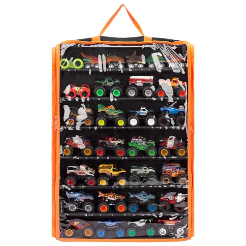 Monster Truck Storage Organizer, Hanging Monster Truck Display Case with 7 Removable Tiers, Dual Zipper Clear Window Monster Truck Storage Bag for 1:64 Scale Toy Trucks | Wall mount tiered shelf fits 1:64 scale cars. Cars not included. Assembly required.