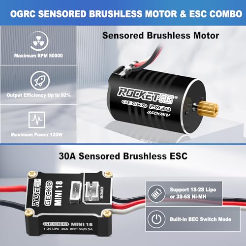 OGRC Sensored Brushless Motor with 30A ESC LED Program Card Combo for TRX4M | 50000 RPM Brushless Motor, Built-in BEC Support 2S Lipo Battery ESC, for TRX4M 1/18 RC Car
