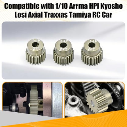 64P Pinion Gear 3.175mm Shaft 7075 Aluminum Alloy Motor Gears,0.6 Metric Pitch 21 22 23T with 1/8 Hole Pinion Gear Compatible with 1/10 Arrma HPI Kyosho Losi Axial Traxxas Tamiya RC Car - size: 21 22 23T
