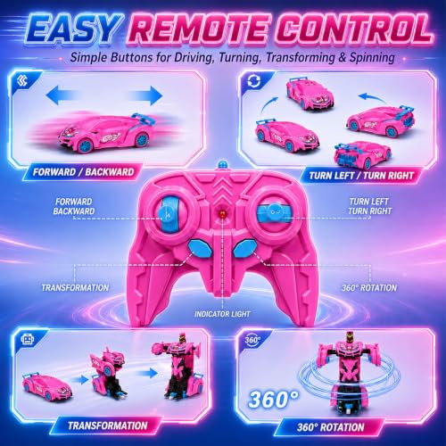 Unicorn Remote Control Car Toy for Girls, 2.4GHz RC Stunt Car with Lights | Magical 2-in-1 Unicorn Robot Car with One-Button Transformation, 360° Rotation, Racing Fun Gift Toys for Girls Ages 4-7