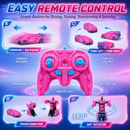 Unicorn Remote Control Car Toy for Girls, 2.4GHz RC Stunt Car with Lights | Magical 2-in-1 Unicorn Robot Car with One-Button Transformation, 360° Rotation, Racing Fun Gift Toys for Girls Ages 4-7