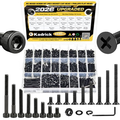 Kadrick 2440PCS M3 Screws Assortment,Hex Socket Cap & Countersunk M3 Screws | M3 Bolts With Nuts,Flat & Lock Washerss, Length From 4-35mm,Class 12.9 & 4.8 Alloy Steel,Black Zinc Plated - size: M3 2440Pcs 4-35mm